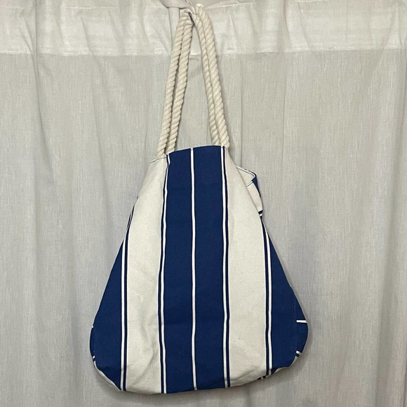 Lancome Blue & White Striped Canvas Tote Bag With Rope Handles - Picture 2 of 12